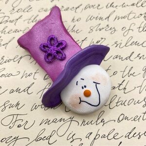 Snowman Purple Top Hat Artisan Made Clay Brooch Kitschy Craftcore Christmas